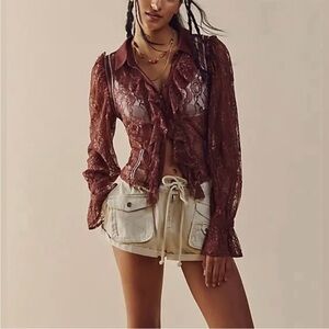 Free People This Shirt Tho Boho Lace Ruffle Front Top